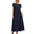 thumbnail image 3 of Laqbezok Women's Cotton Linen Blend Midi Dress, Short Sleeve Empire Waist Casual Sundress, A-Line Flowy Summer Gown with Pockets, 3 of 5