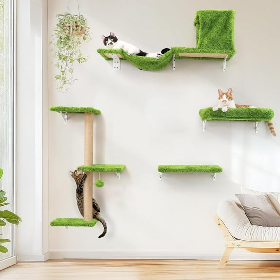 Cat Wall Shelves, Stable & Safe 4 in 1 Cat Walls Furniture Set, Wooden Kitten Climbing Wall with Scratching Post for 16 Inch Drywall - Green