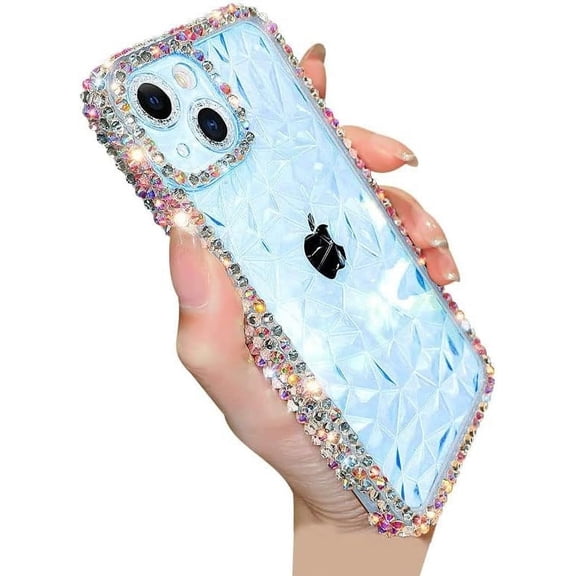 Compatible with iPhone Case,Luxury Crystal Glitter Bling Sparkly Diamond Pattern Camera Lens Protection Clear Soft Shockproof Cover Phone Case (Blue,iPhone 15)