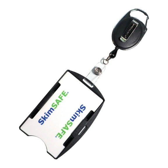 RFID Blocking Badge Holder with Retractable Carabiner Clip Badge Reel - Dual Sided - SkimSAFE Skimming Protection - 2 Card Shield for 13.56MHz Radio Signal by Specialist ID (Black)