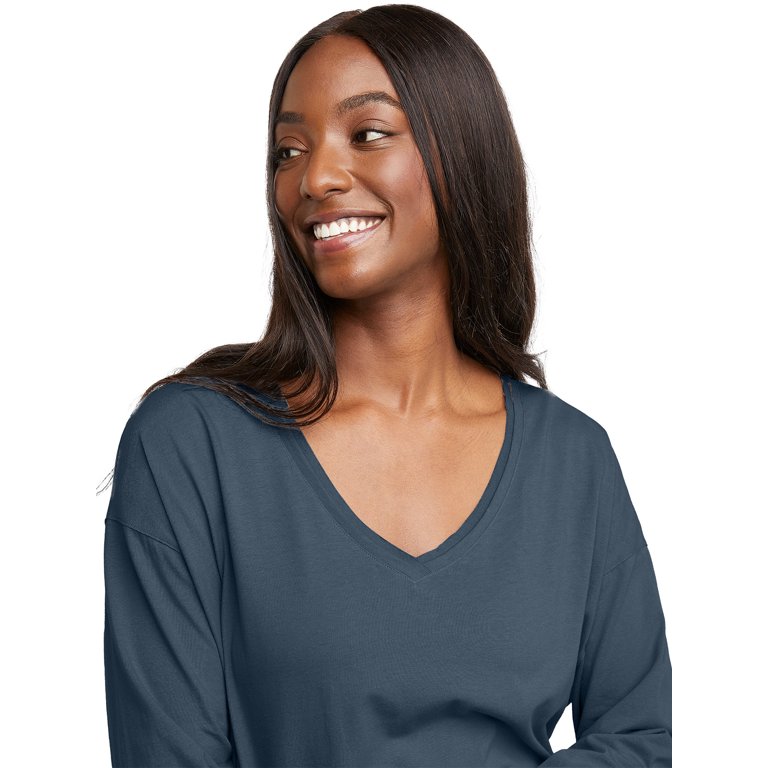 Hanes Originals Women's Raw Edge V-Neck Cotton Tee with Long Sleeves, Sizes  XS-XXL 