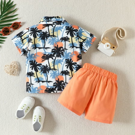 

dmqupv Big Boys Shirt And Tie Set Toddler Boys Short Sleeve Tree Floral Prints T Shirt Tops Shorts Child Clothe for Baby Boy Orange 18-24 Months
