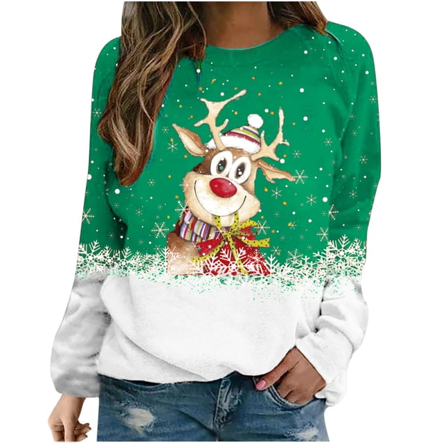 Moda navideña para mujer, informal, de manga larga, cuello redondo, estampado, sudadera para mujer, Tops Pompotops gfhjh14529