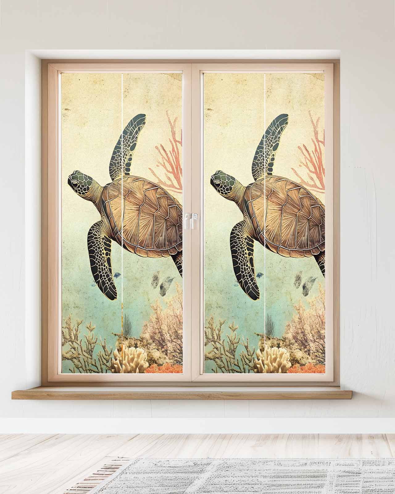 Window Privacy Film Retro Turtle Stained Glass Window Film Decorative Sun Block Window Cover Ocean Coral Reef Coastal Underwater Sea Window Clings Static Adhesive Sticker for Bathroom 23.6"x59"