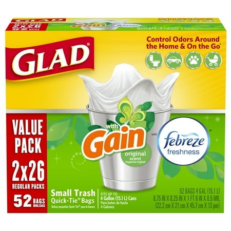 10 Gallon Trash Can Liners Glad OdorShield Small Trash Bags - Gain Original with Febreze Freshness - 4 gal - 26 ct - 2 pk ()