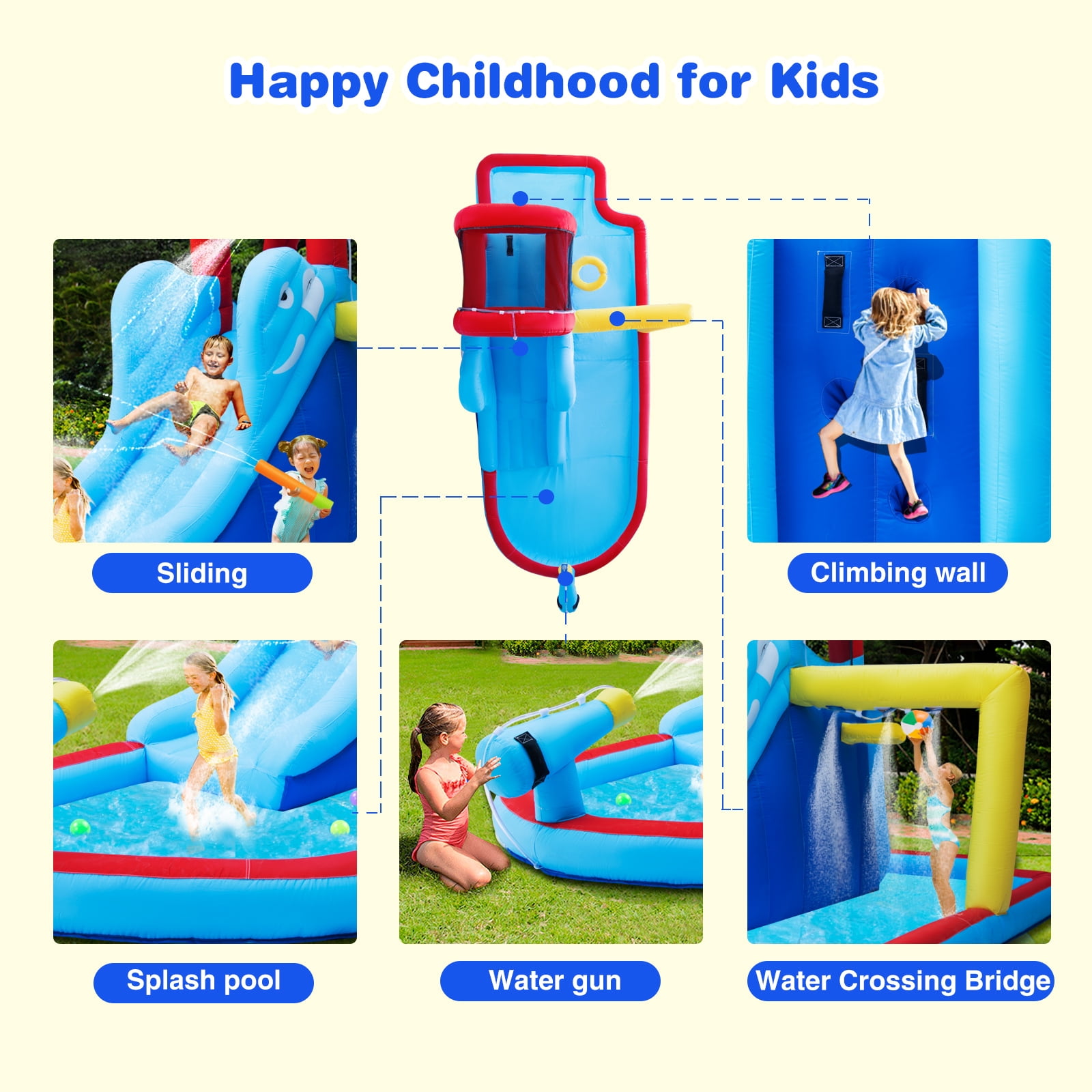 JOYLDIAS Kids Inflatable Water Slide Bouncer Playhouse Castle with 3 Water Guns, Splash Pool, Climbing Wall, Basketball Hoop, Bag, Air Blower