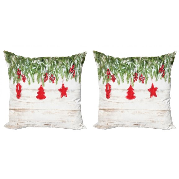Ambesonne Christmas Throw Pillow Cover 2 Pack, Ornaments and Berries, 16", Beige and Red