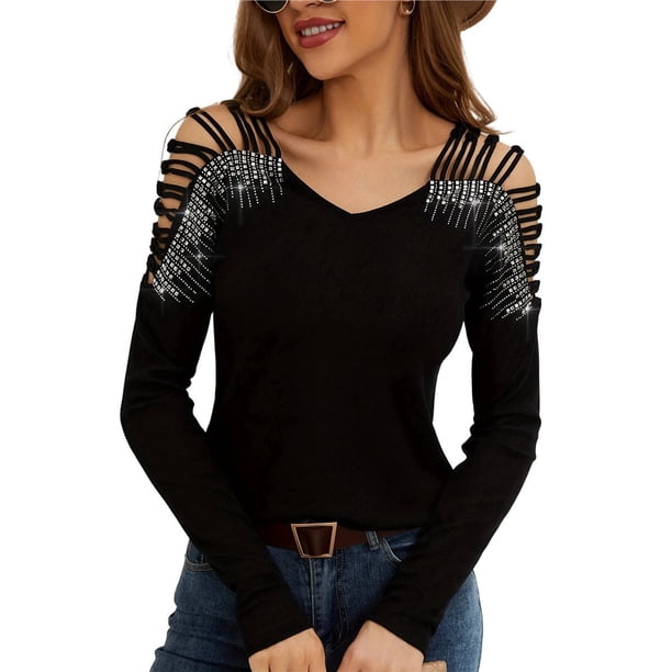 Camisa Informal de Larga con Escote en V y Hombros Descubiertos para Mujer, con Costuras de Encaje de Color Liso y Diseño de Rombos Negro L