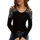 thumbnail image 1 of Camisa Informal de Larga con Escote en V y Hombros Descubiertos para Mujer, con Costuras de Encaje de Color Liso y Diseño de Rombos Negro L, 1 of 9