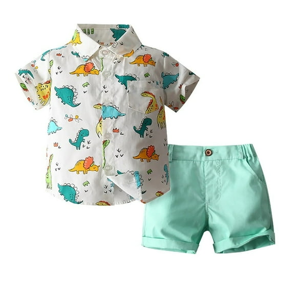 XBASW Baby Toddler Boys Gentleman Outfit Dinosaur Print Button down Shirt Solid Color Shorts Boys Summer Set for 1-5 Years