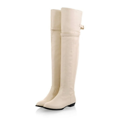 

symoid Womens Over the Knee Boots- Shoes Low Heel Casual Retro Solid Pointed Zip Belt Buckle Over The Knee Knight Boots White 44