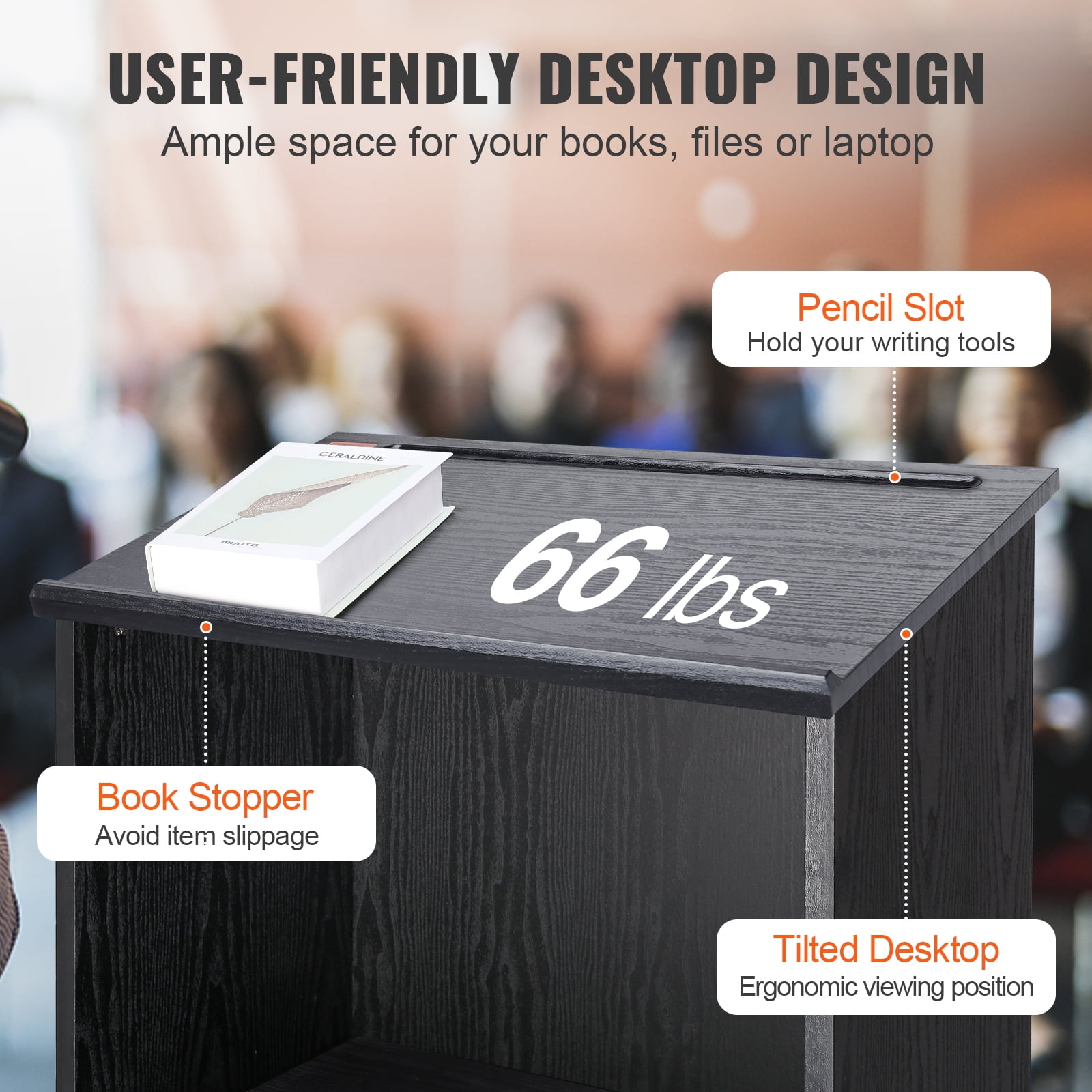KFFKFF Speaker's Stand, 47-inch Mobile Platform with Quadruple Casters, Wooden Stand featuring Storage Layers and Angled Work Surface, Suitable for Religious Institutions, Workplaces