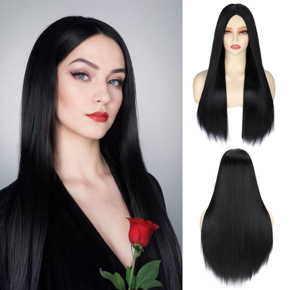 Peluca larga TOPHR negra recta de 70 cm para mujer, Halloween