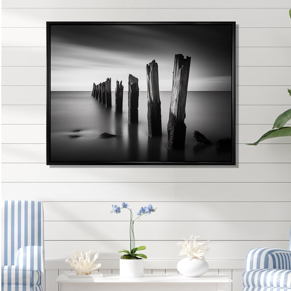 Designart "Pier Horizon In Monochromatic Black And White II" Coastal Pier Floater Framed Canvas Prints