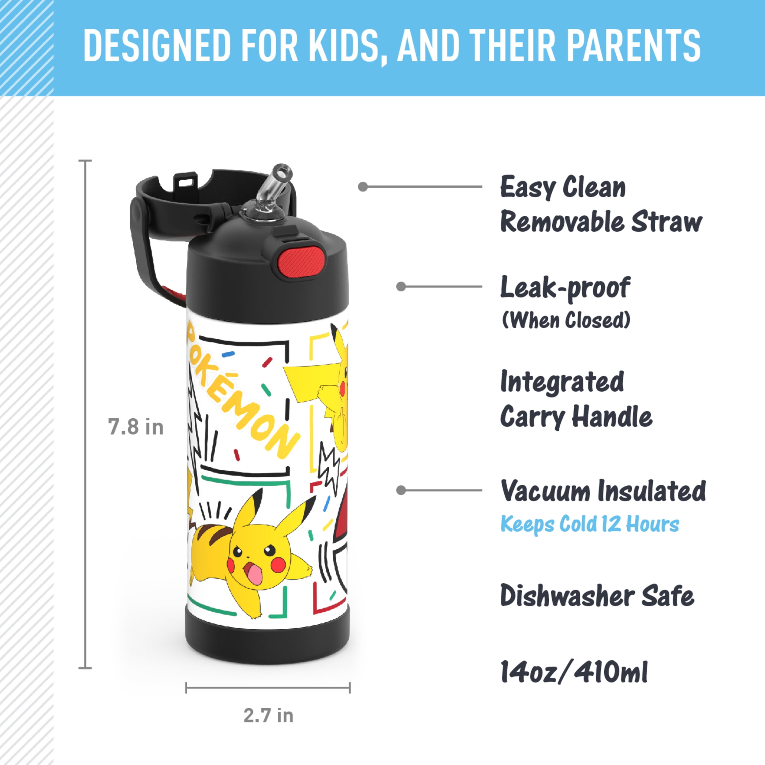 (4 pack) Thermos FUNtainer Pokemon Kids Insulated Water Bottle with Straw, 14oz Stainless Steel, Leak-Proof
