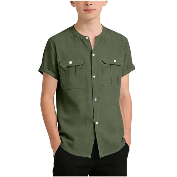 Scyoekwg Boys Short Sleeve Button Down Shirt Cotton Casual Solid Color Shirts with 2 Pockets Summer Comfy Tops for Kids, Army Green, 12-13 Years