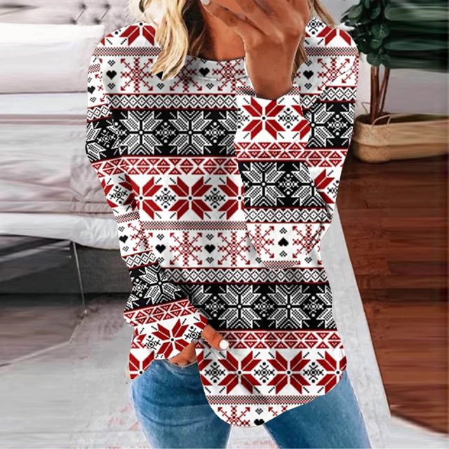 Costumes de Noël en Liquidation Col Rond Mode Décontractée Manches Longues Chandail en Molleton Imprimé de Noël Hauts Blouse Chandail en Molleton Grande Taille pour Femmes