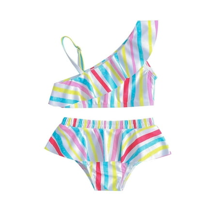 

Bagilaanoe Toddler Baby Girls Swimsuits 2 Piece Bikinis Set Sleeveless One Shoulder Tops + Ruffle Striped Shorts 18M 24M 3T 4T 5T 6T Kids Swimwear Bathing Suit Beachwear