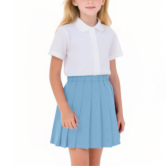 Virmaxy Solid Color Cotton Pleated Skirt with Built in Shorts Elastic Waist Uniform Style Skort for Casual and Everyday Wear, for 3-17 Years Blue