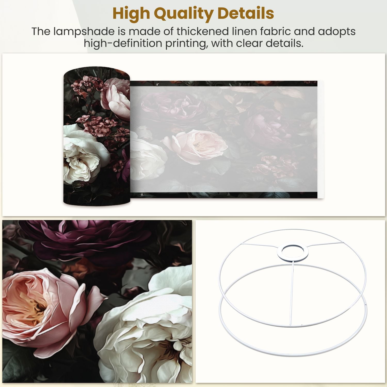 Linen Drum Lampshades Elegant Floral Arrangement Deep Burgundy Soft Pink White Roses Dark 13"x13"x10" Light Shade for Table Lamps Floor Lamp Shades Lampshade Replacement Assembly Required