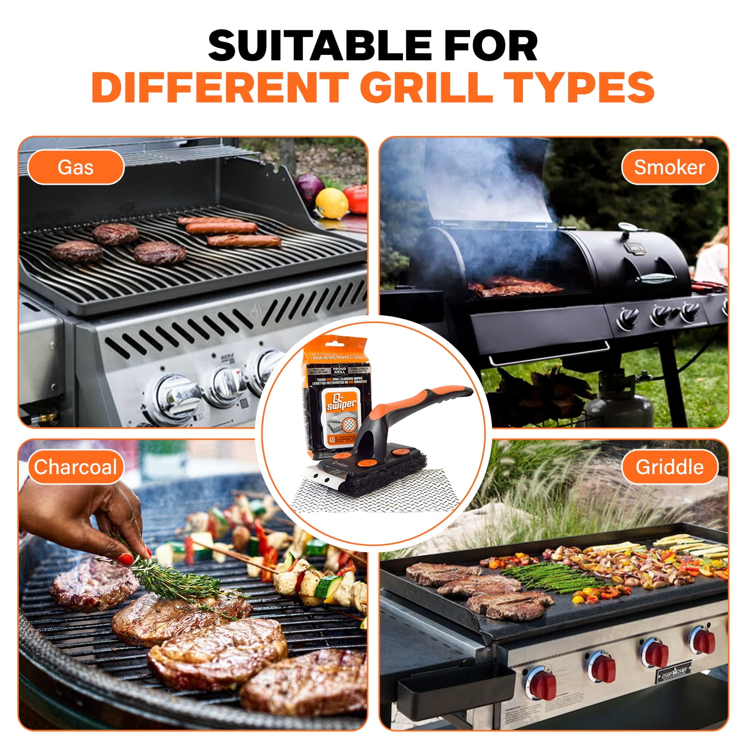 Q-Swiper XL Easy-Clean BBQ Grill Cleaner Set - 1 Long Grill Brush with Scraper and 40 BBQ Grill Cleaning Wipes | Bristle & Wire Free | Safe Way to Remove Grease & Grime for A Clean and Healthy Grill!