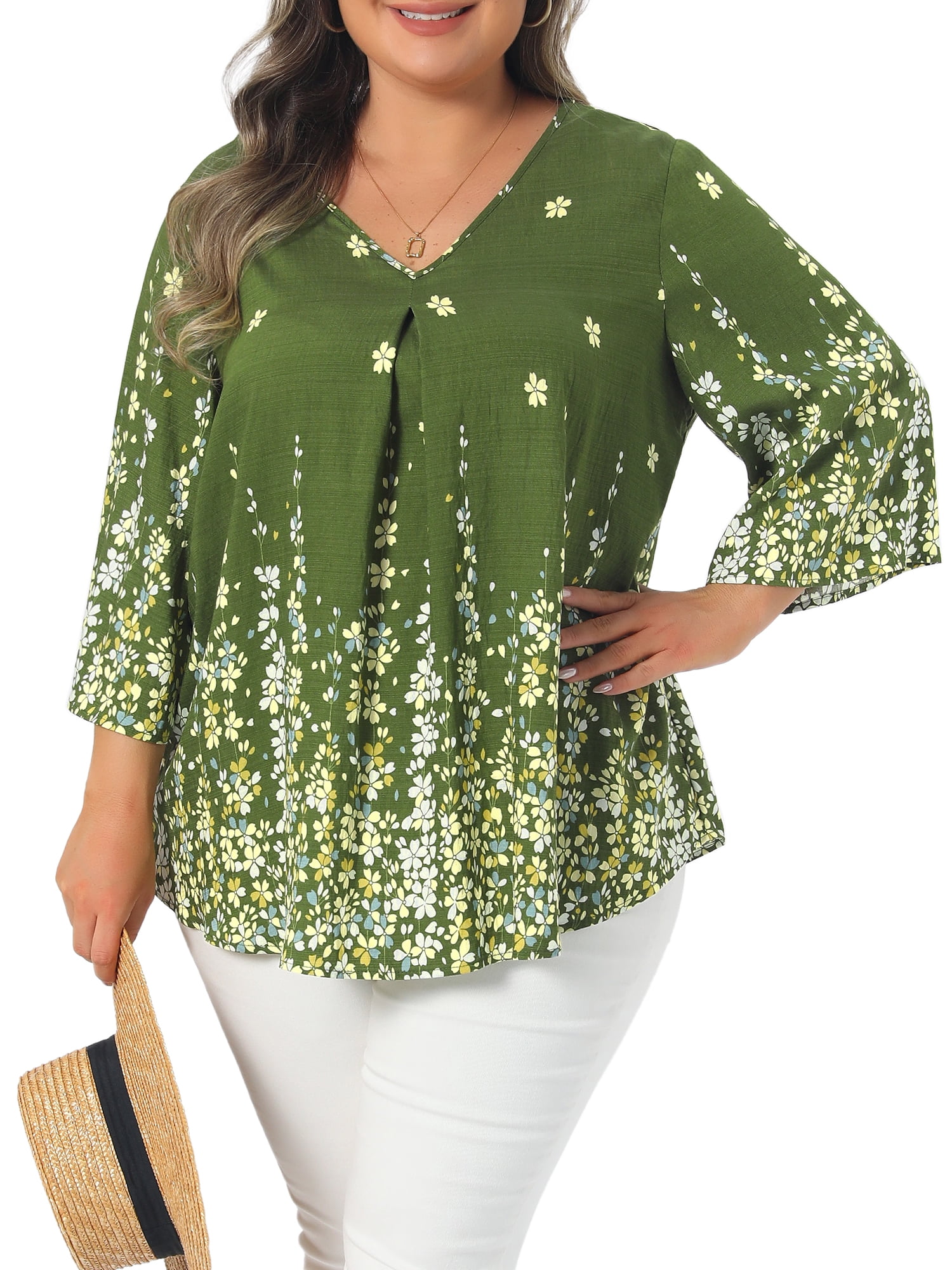 DARING DIVA Women's Plus V Neck Boho Floral Top Vacation 3X Green