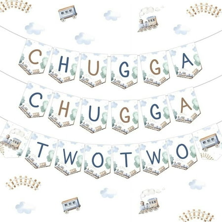 Chugga Chugga Two Two Birthday Banner, Train 2nd Birthday Garland, Choo Choo I’m Two Bunting Sign, Railroad Steam Second Bday Party Decorations
