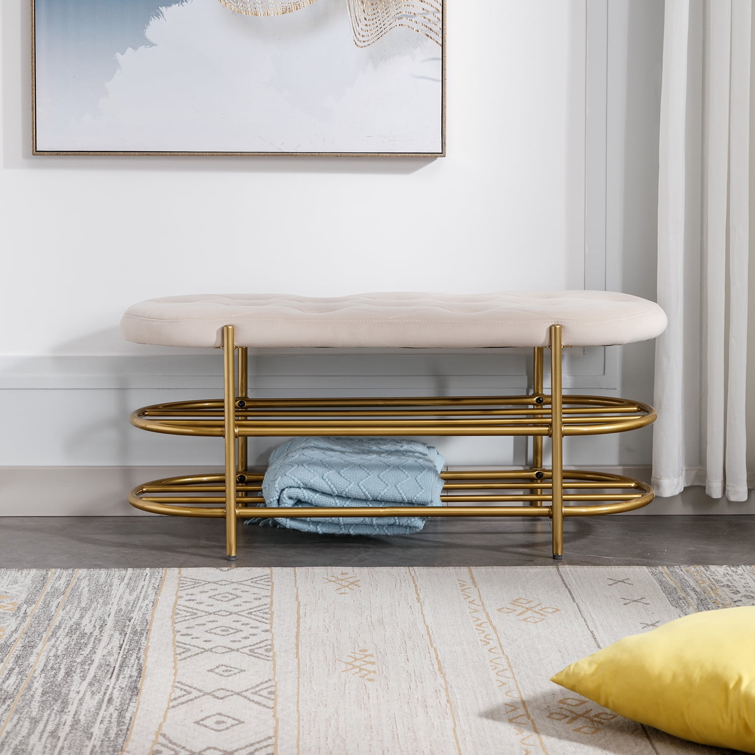 Kepooman Beige Beach, Upholstered End of Bed Bench with 2 Shelf, Velvet Storage Beach for Living Room Kepooman Beige Beach, Upholstered End of Bed Bench with 2 Shelf, Velvet Storage Beach for Living Room