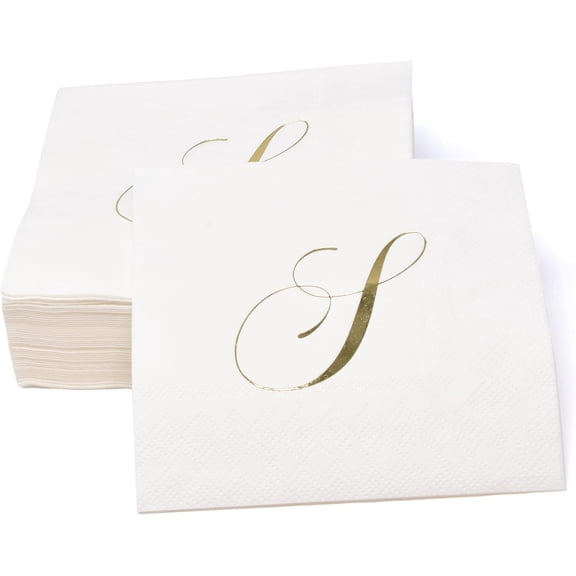 Gift Boutique Monogram Cocktail Napkins Letter S, Gold Foil Disposable Paper Napkins, 100 Count, 5x5 Folded, Party Wedding Bathroom Decor