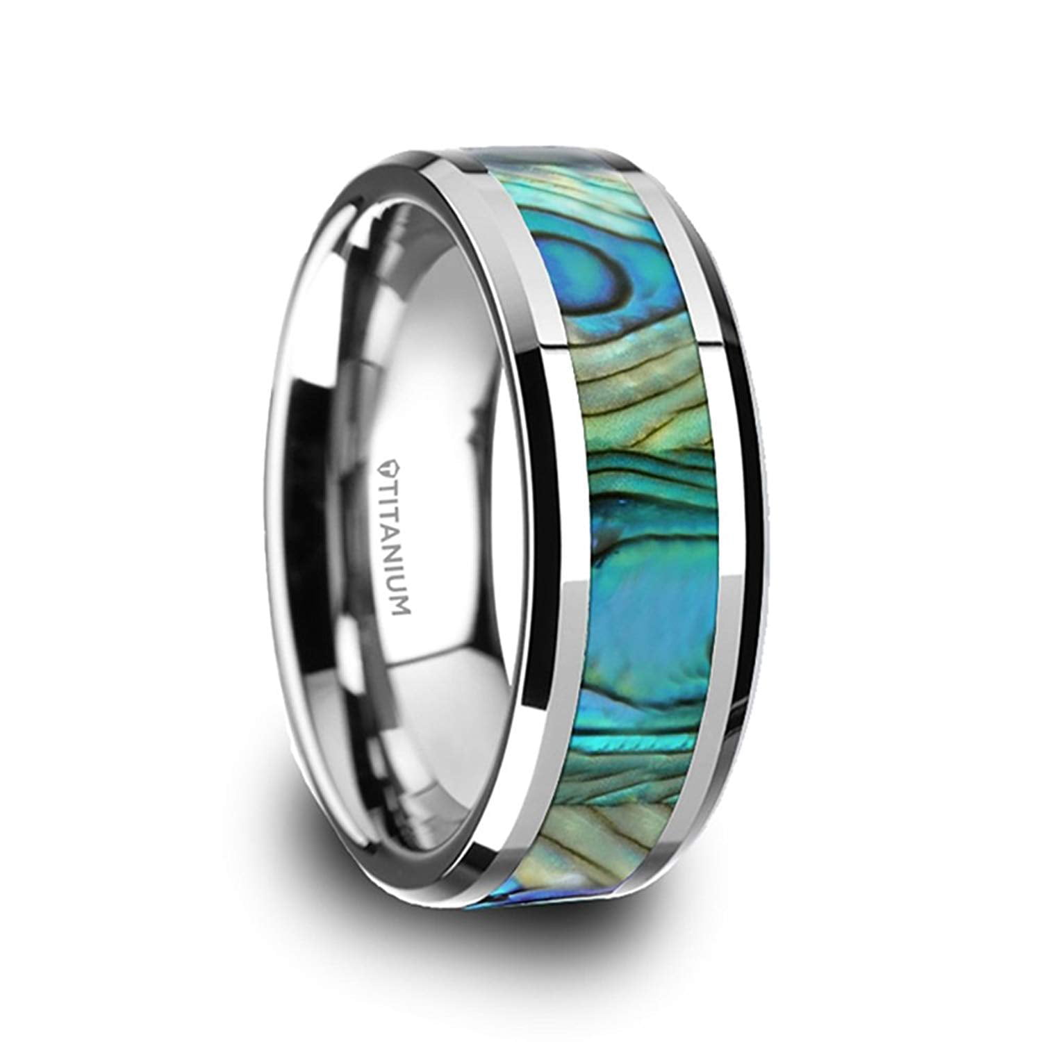 Thorsten Kaui | Titanium Rings for Men | Lightweight Titanium | Comfort Fit | Titanium Polished Finish Mother Of Pearl Inlaid Beveled Wedding Band - 8 mm