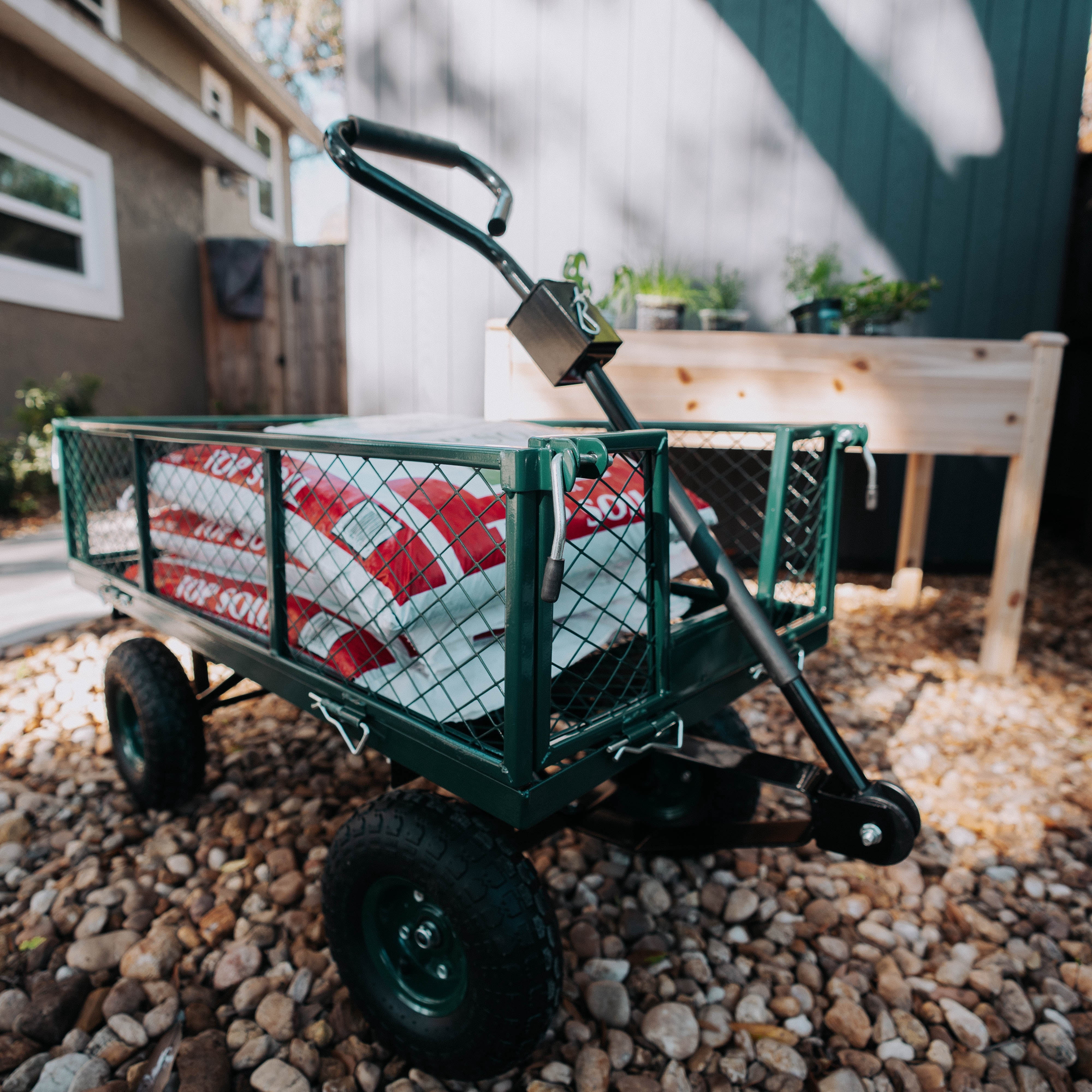 Backyard Expressions Heavy Duty Garden Cart 600 lb, 38" x 20" Steel Bed Utility Wagon with Removable Mesh Sides, Powder-Coated Frame, 10" Pneumatic Wheels, Pull Handle Yard/Lawn Hauler