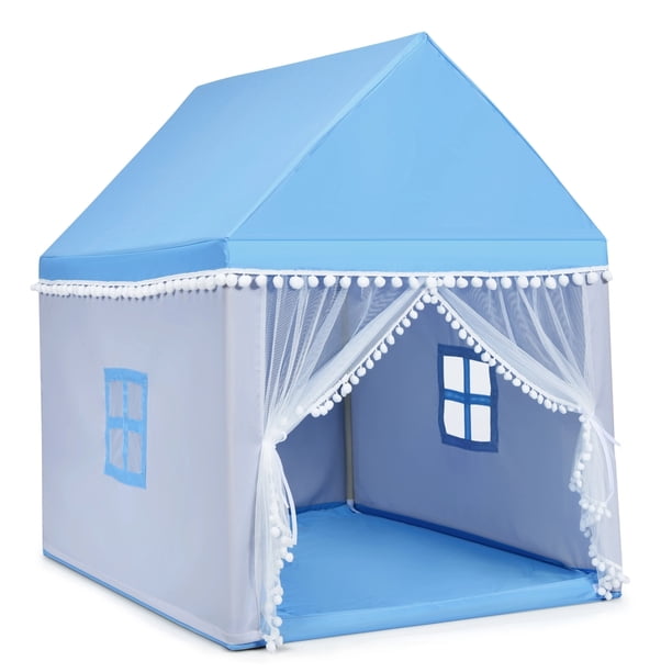 Costway Casa con Forma de Carpa con Espacio Privado para Niños con Sólida Estructura de Madera y Manta de Algodón Azul 120 x 105 x 140 cm