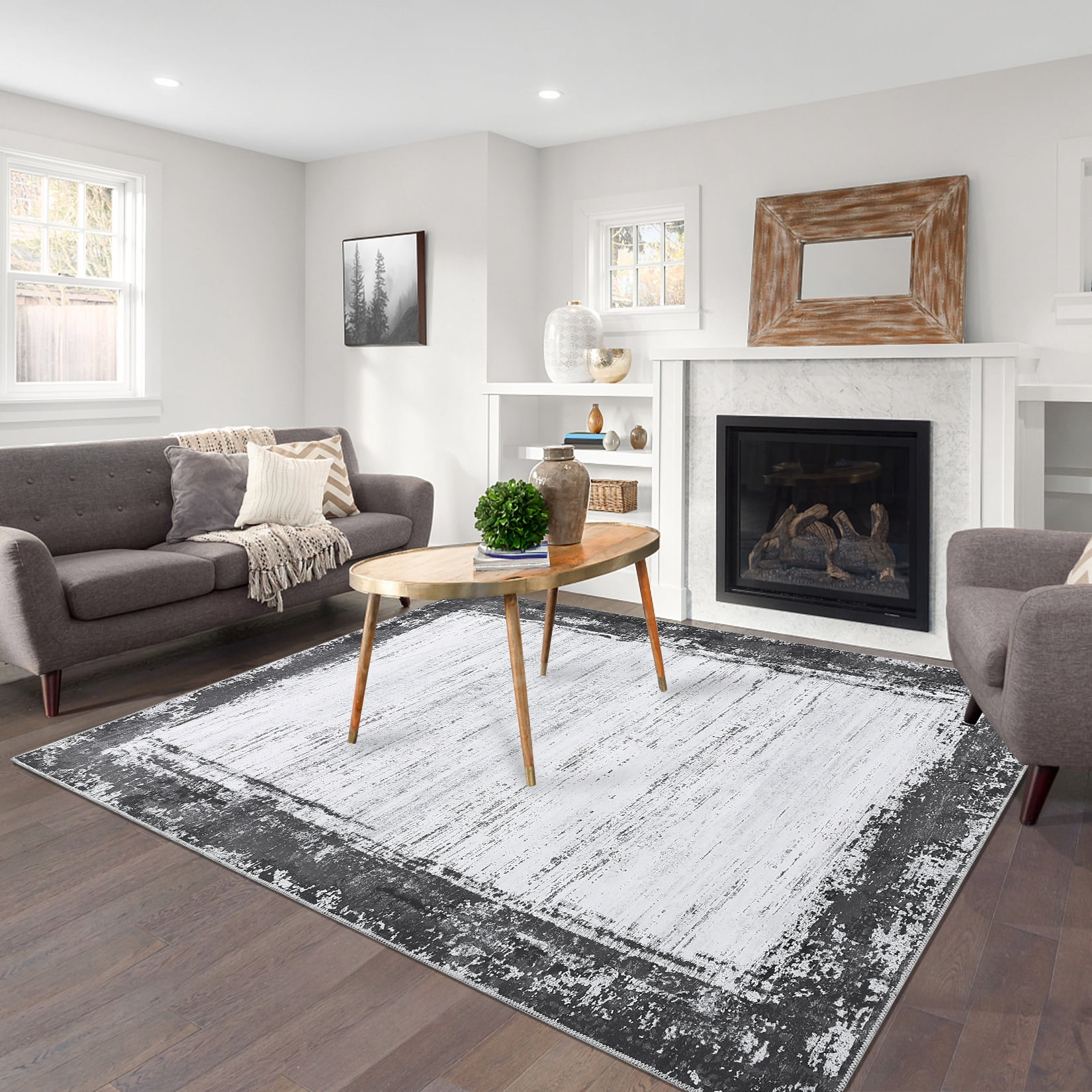 HOMERRY Washable Rugs 9'x 12' Rug for Living Room Bedroom Rug Modern Bordered Thin Indoor Carpet, Gray