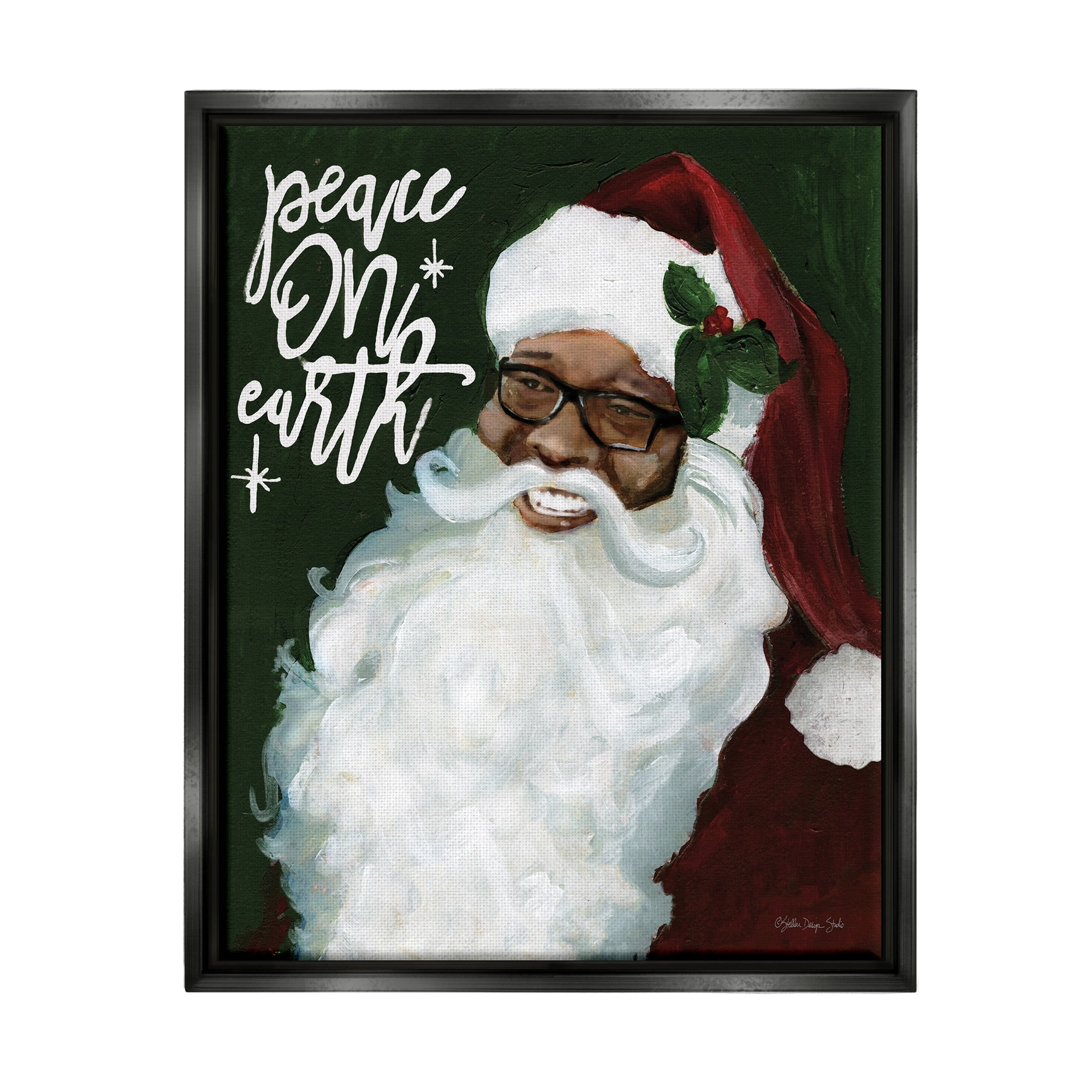 Stupell Industries Peace On Earth Phrase Santa Portrait Painting Luster Gray Framed Floating Canvas Wall Art, 24x30, by Stellar Design Studio