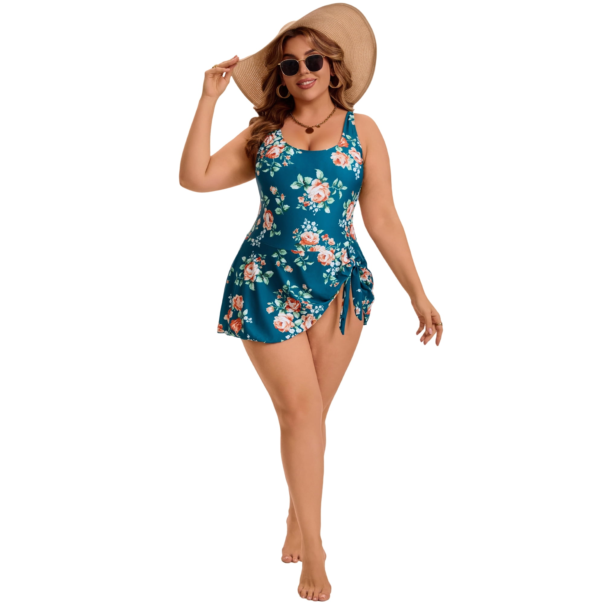 DARING DIVA Women's Plus Swimdress Floral Push Up Bathing Suit L Green