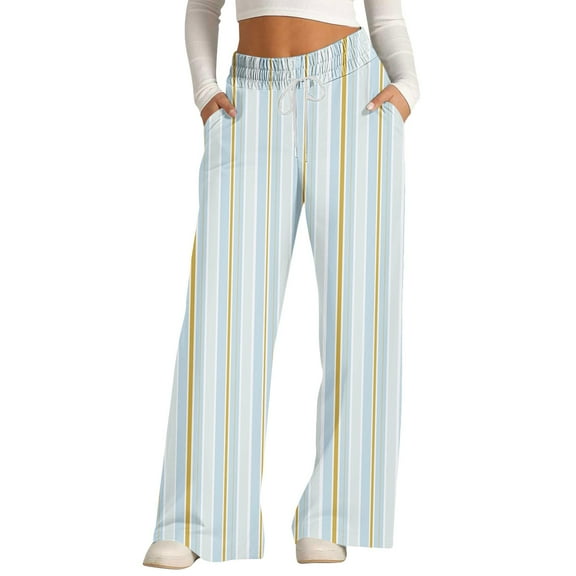 FUNUONY Wide Leg Pants for Women High Waisted Palazzo Pants Work Casual Flowy Loose Trousers with Pockets Women's Simple Plaid Wide Leg Casual Pants Sports Pants Loose Running Pants Light Blue L