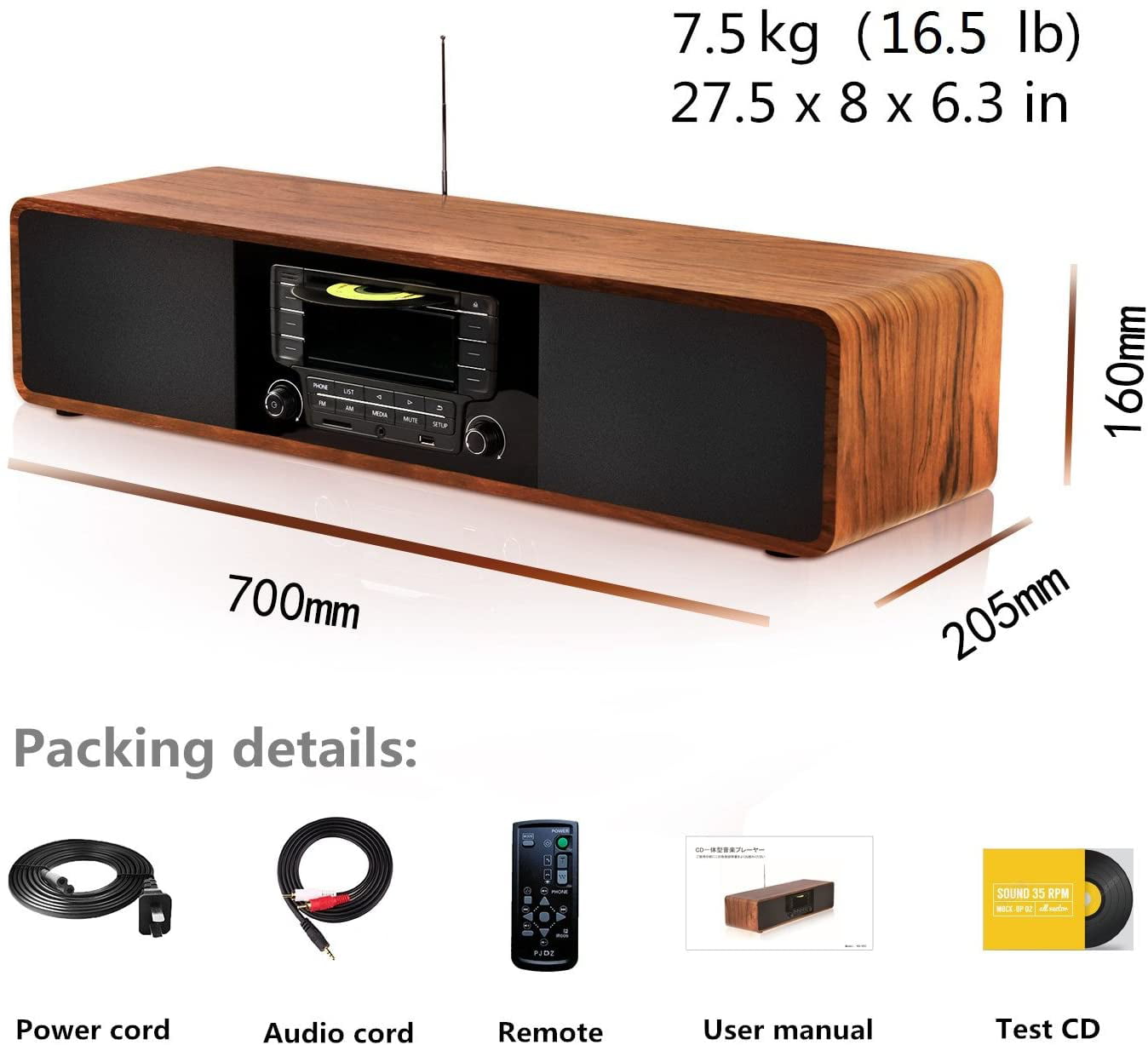 KEiiD CD Player for Home with Bluetooth Stereo System Wooden Desktop  Speakers FM Radio USB SD AUX Remote Control, 28 Inch Long 20 Pounds Weight