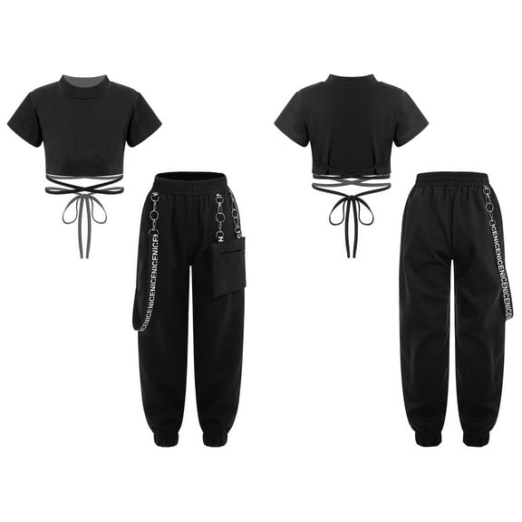 iiniim Girls Hip Hop Dance Clothes 2PCS Lace up Crop Top with Cargo Pants Tracksuit 3-16 Black 3-4
