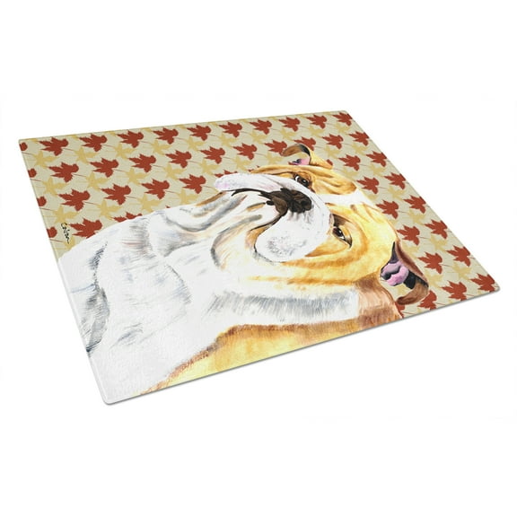 Carolines Treasures SC9214LCB Bulldog English Fall Leaves Portrait Glass Cutting Board Large, 12H x 16W, multicolor
