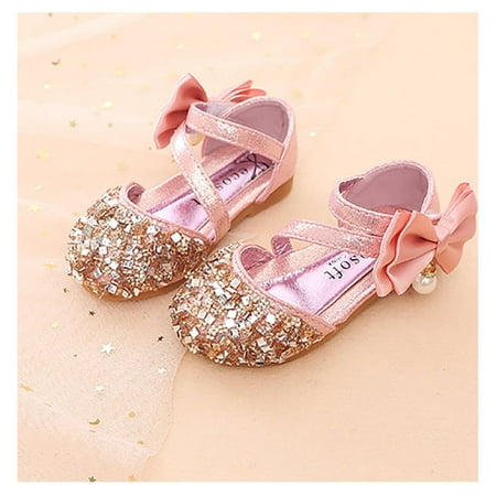 Maxcozy Girls Mary Jane Shoes Glittler Bow Dress Shoes Princess Sequins Low Heels Party Wedding Flower Girls Shoes Pink - 11 Little Kid