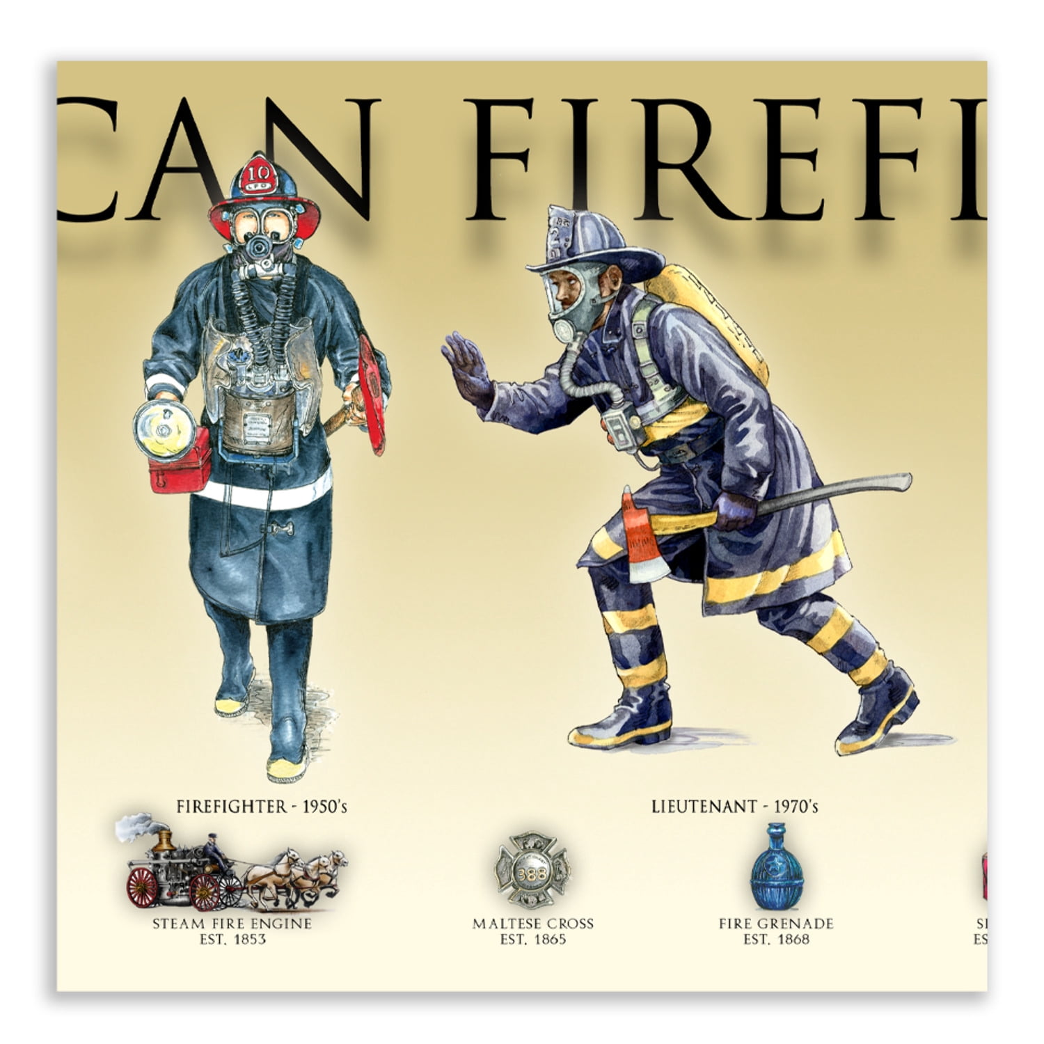 History of the American Firefighter - Framed 1", printed with a matte finish, 6" x 24"
