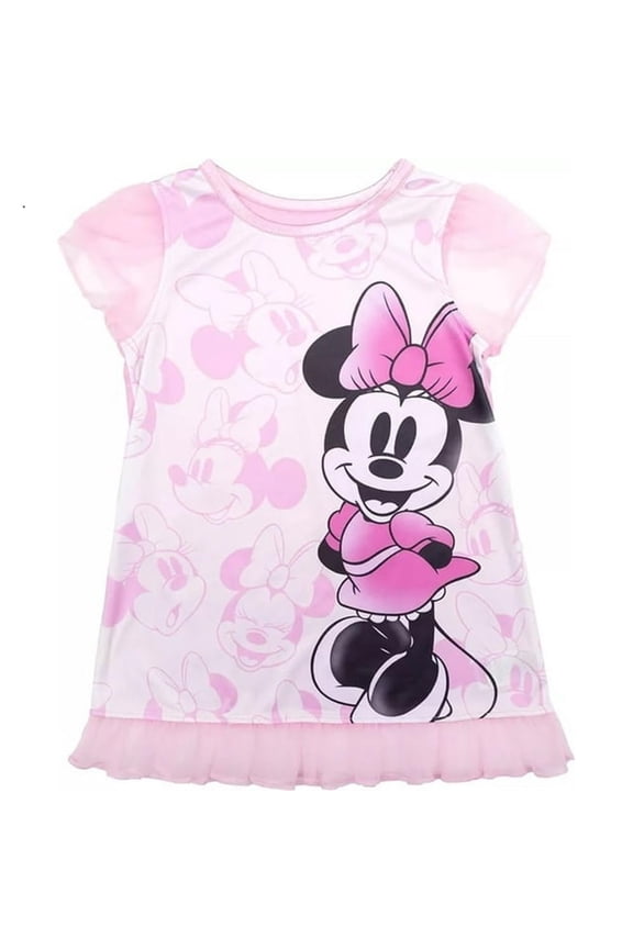 Disney Minnie Mouse Toddler Girl's Happy Minnie Pink Satinet and Tulle Nightgown, Size 2T