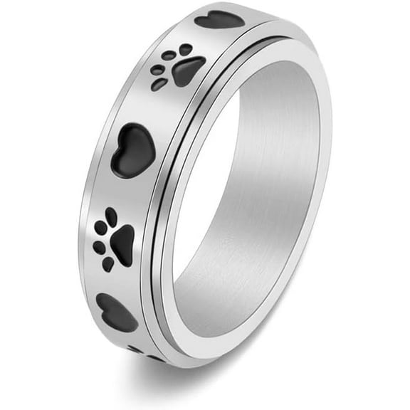 Cute Dog Love Heart Paw Print Spinner Fidget Ring Stainless Steel Relieving Anxiety Rotate Freely Finger Band Rings for Women Men Lovely Animal Jewelry for Puppy Pet Loving Friend Families
