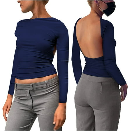 

Awdenio Clearance Womens Shirts For Summer Women s Hollowed Out Backless Top Tight Long Sleeve Crop Half High Neck Solid Color Spice Girl Sexy Women s Tops