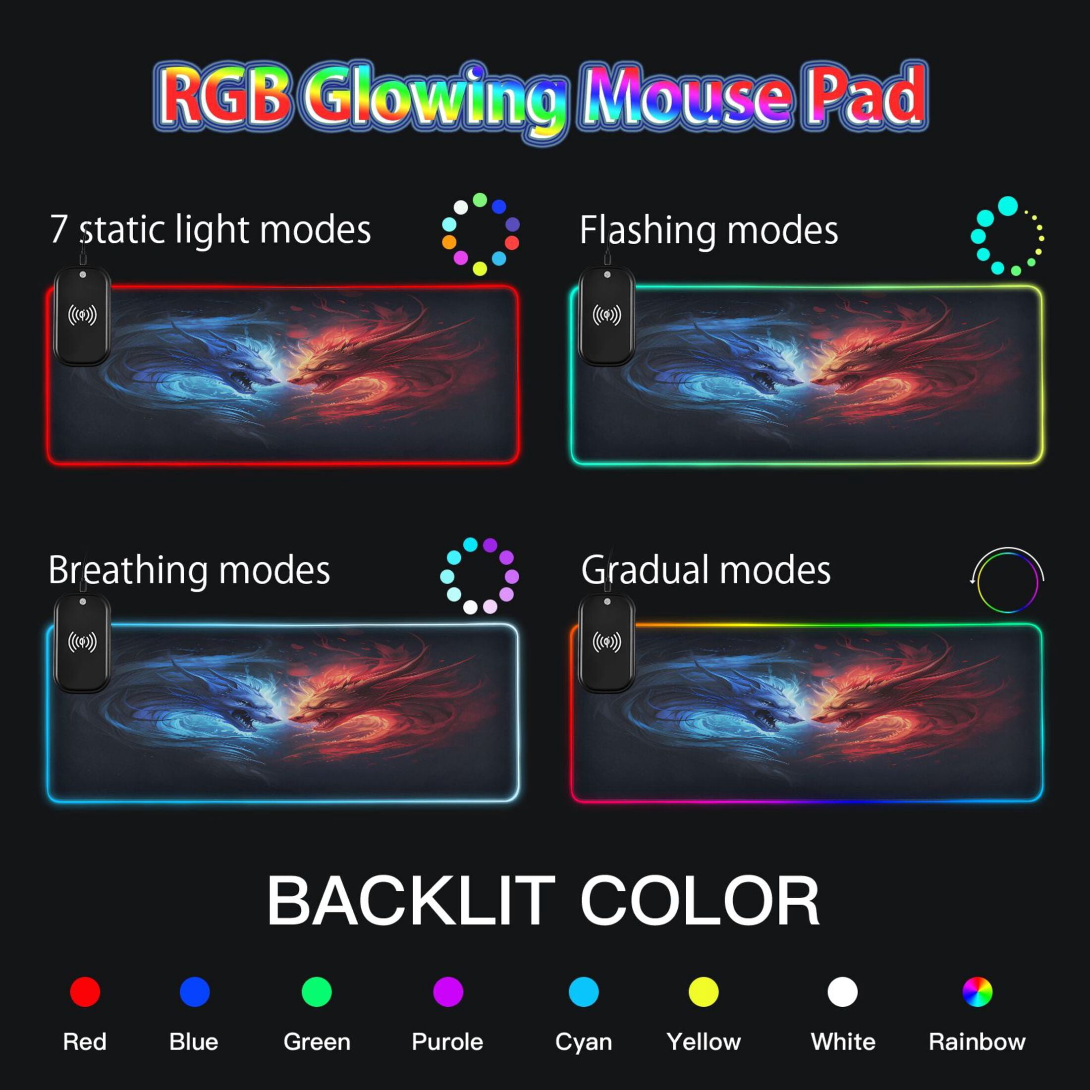 Large RGB Gaming Mouse Pad Led Glowing Mousepad Non-Slip Rubber Base 13 Light Modes 31.5x11.8 Fantasy Dragons Head