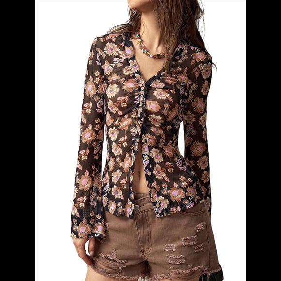 Camisas de Larga para Mujer, Blusas Bohemias con Estampado Floral, Blusas Ajustadas con Cuello en V y Botones Negro S