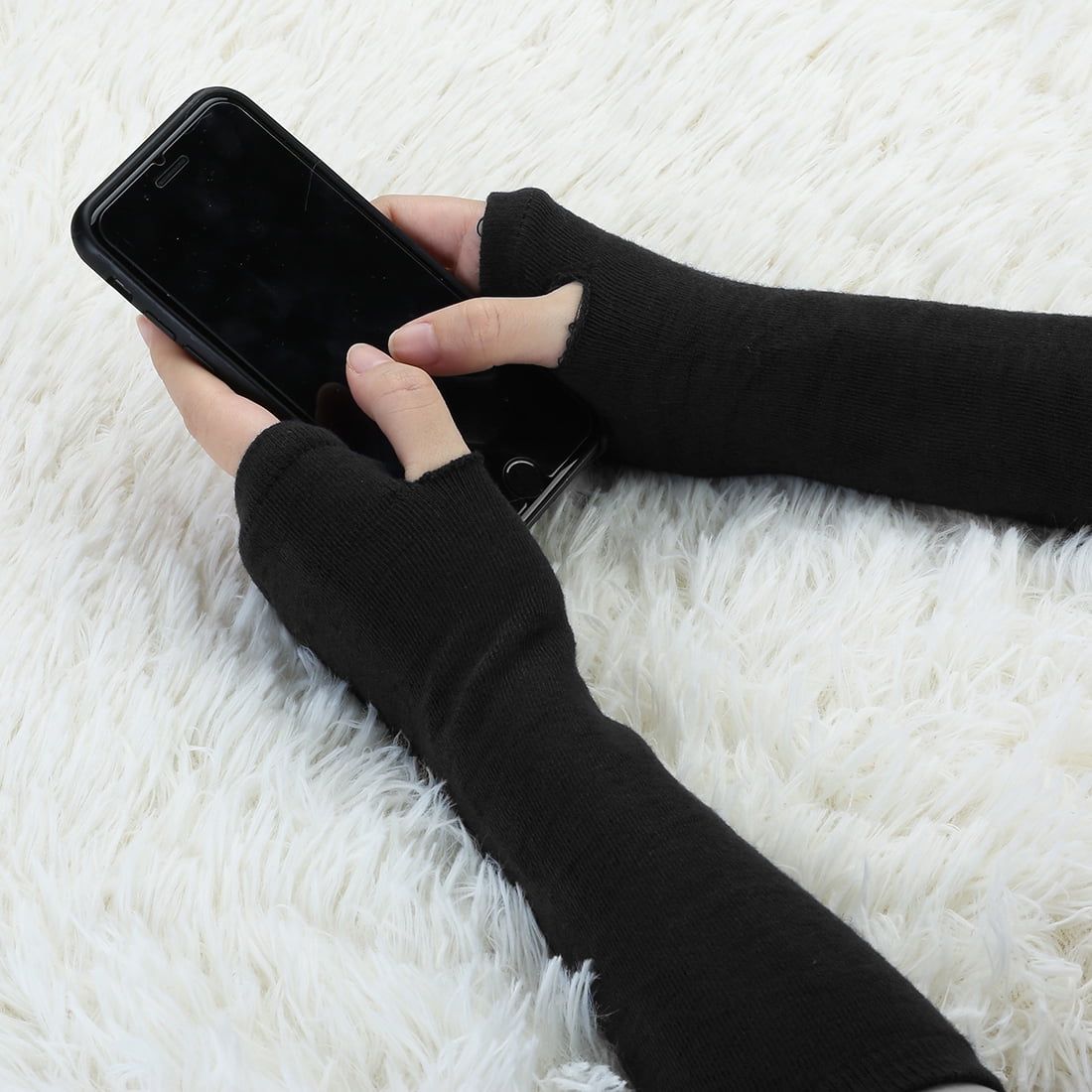 Unique Bargains Women Winter Stripes Fingerless Thumbhole Elastic Long Gloves Black