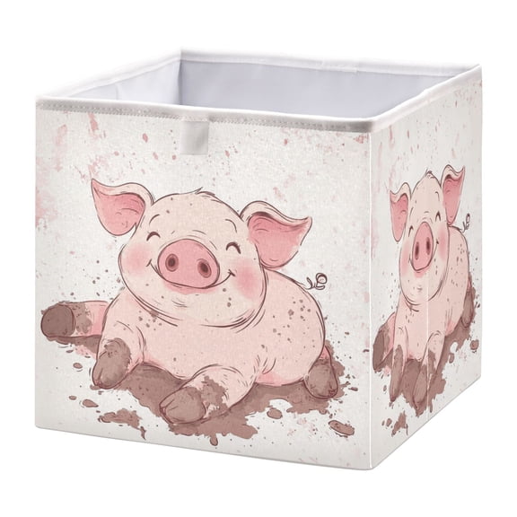 WOBOGO Pink Pig Storage Basket Foldable Easy to Clean Durable with Hollow Support Plate with Handle 11.02×11.02×11.02 in