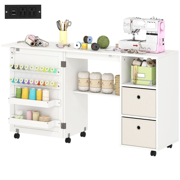 Rolling Sewing Table with Power Outlet & Storage - White Craft Table for Living Room, Bedroom, or Office - Folding Sewing Machine Desk with Drawers & Pegs - 57.6” Wide
