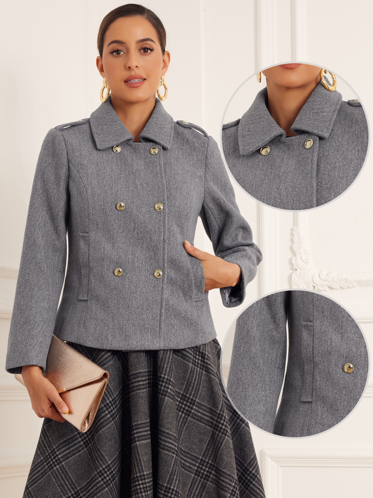 DARING DIVA Women's Classic Collar Double Breasted Winter Pea Coat Gray M